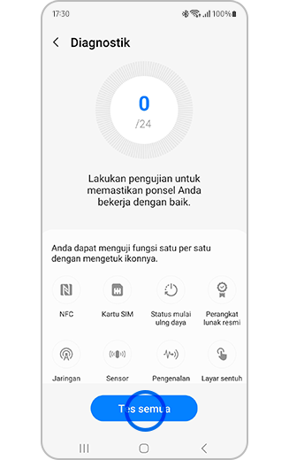 Tampilan Diagnostik dengan tombol Tes semua disorot.