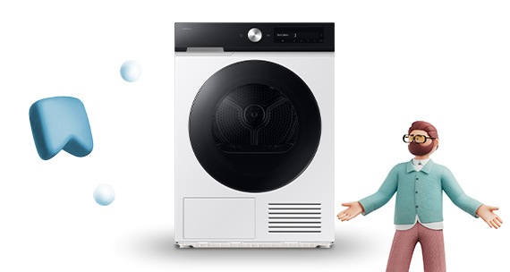 Bespoke Refrigerator is centered, with two blue-toned 3D heart icons of different sizes floating to its left. To the right, a young male character strikes an energetic pose with arms and legs spread wide, while a small blue 3D heart icon floats above him.