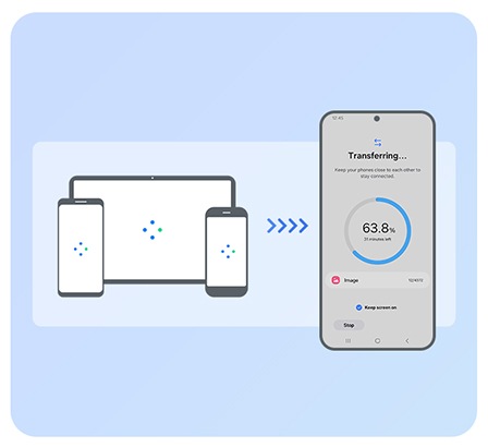 Vasakul on kaks nutitelefoni ja üks tahvelarvuti. Paremal on Galaxy telefon, mis võtab vastu andmeid Smart Switchi kaudu. Keskel on noolesarnane ikoon, mis näitab, et andmeid kantakse eelmistest seadmetest uude Galaxysse.