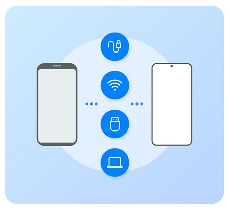 Kujutatakse kaht nutitelefoni. Seadmete vahel on USB-kaabel, Wi-fi, mäluseade ja sülearvuti ikoonid. Keskel asuv juhe ühendab kahte seadet, et näidata, et andmete edastamiseks on erinevaid võimalusi.