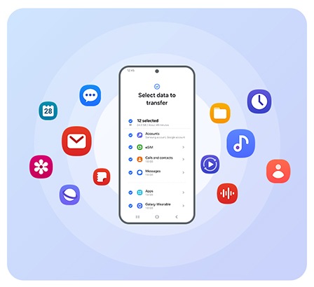 Nutitelefonis avaneb kuva „Vali edastatavad andmed“. Telefoni ümbritsevad erinevad rakenduse ikoonid, mis näitavad seda tüüpi andmeid, mida saab Smart Switchi kaudu edastada.