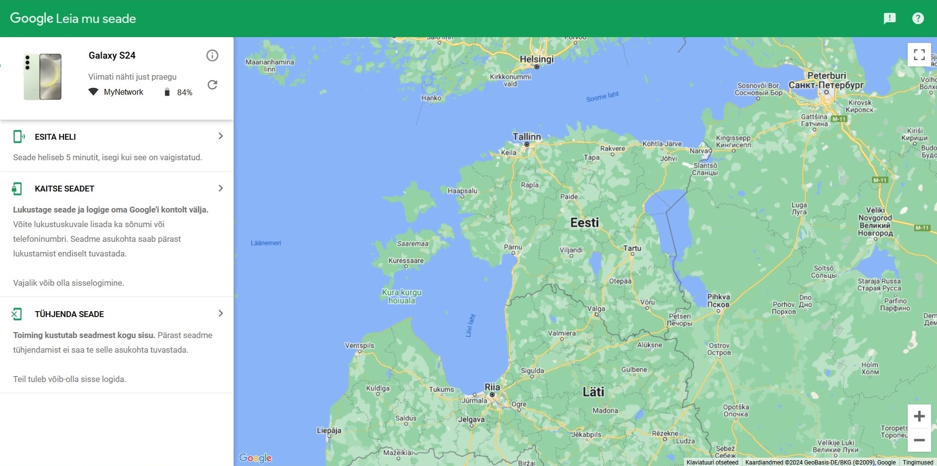 Rakenduse Leia minu telefon Google’i kaardiga ekraan