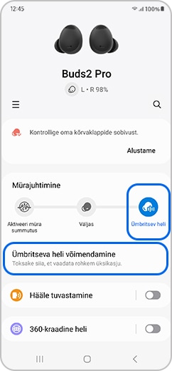 Nutitelefoni ekraan Ümbritseva heli ikoon, millel on valitud ümbritseva helitaseme võimendamine