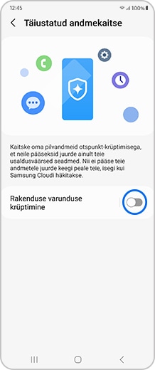 Nutitelefoni ekraan „Rakenduse varunduse krüptimise“ ümberlülitiga.