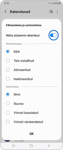 Nutitelefoni ekraan, millel on valiku „Näita süsteemi rakendusi“ ümberlüliti sisse lülitatud.