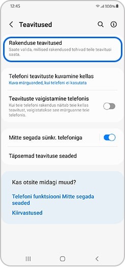 Teavituste menüüs valitud valik „Rakenduse teavitused“