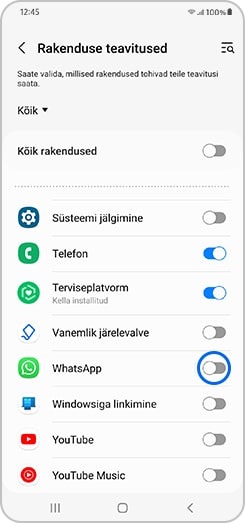 Rakenduse teavituste sätete menüüs valitud valik WhatsAppi kõrval „Lülita ümber“