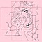 A black-and-pink sketch of a woman's face. She has long, curvy hair decorated with flowers. Her eyelashes are extensive and she has freckles on her cheeks. Her one hand is holding small figures holding one another's hand. The background is filled with rain, sun and rainbow.