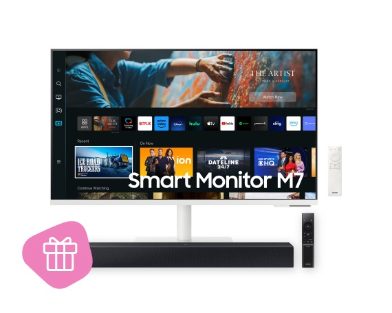 Samsung Smart monitors ar dāvanas etiķeti uz balta fona