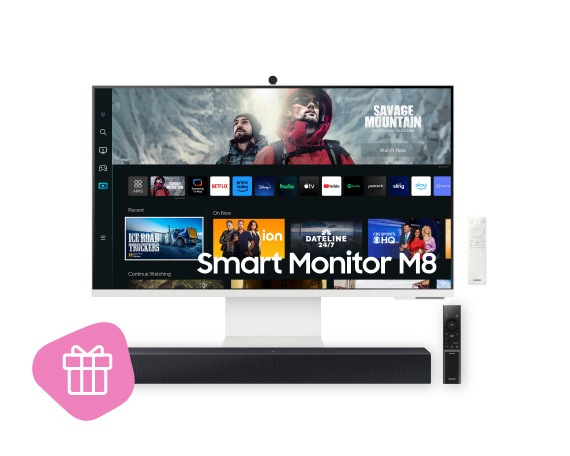 Samsung Smart monitors ar dāvanas etiķeti uz balta fona