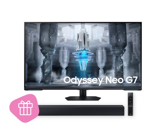 Samsung Smart monitors ar dāvanas etiķeti uz balta fona