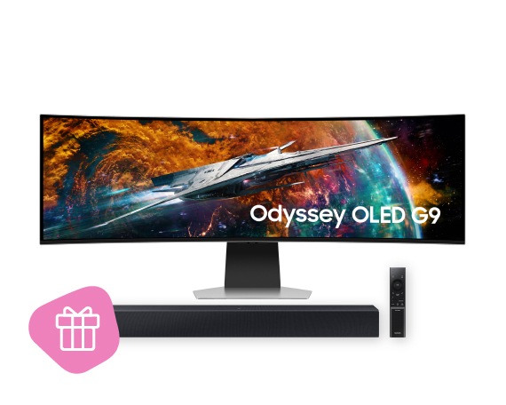 Samsung Smart monitors ar dāvanas etiķeti uz balta fona