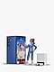 On the left, a large Galaxy Z Fold7 in blue is placed, showing a 3D character of a daughter on a video call with her mother. In front of it, the back view of a female character in a running clothes is seen, waving to her mother on the call while facing the Galaxy Z Fold7. At the center of the phone’s screen, the mother’s face is displayed, with a small window at the top left corner showing the daughter’s face. At the bottom right, next to the female character, a Bespoke Jet Bot Combo AI is placed.