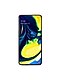 Frontal view of a black Samsung Galaxy A80 smartphone with a yellow and blue swirled pattern on the home screen