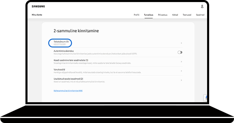 Tekstsõnum on valitud Samsungi konto veebilehel Kaheastmelise autentimise jaotises