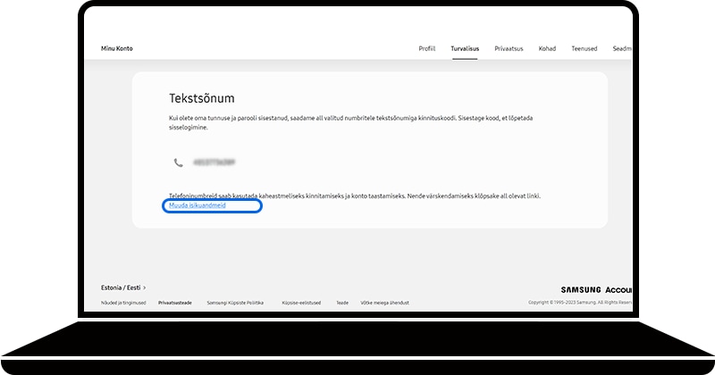 Redigeeri isiklikku teavet on valitud Samsungi konto veebilehel Tekstsõnumi jaotises