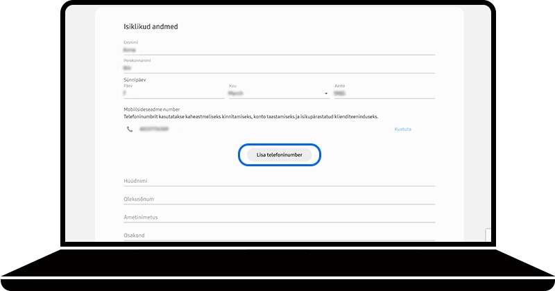 Lisage telefoninumber on valitud Samsungi konto veebilehel Isikliku teabe jaotises