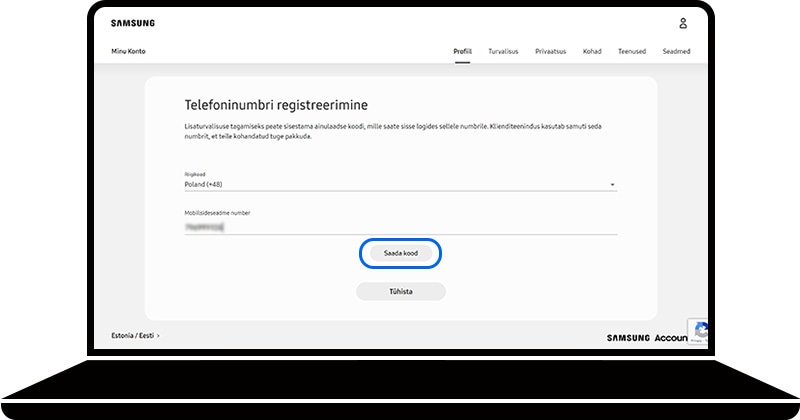 Saada kood on valitud Samsungi konto veebilehel telefoninumbri registreerimise jaotises