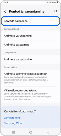 Kontode haldamine on valitud Kontode ja varundamise alt