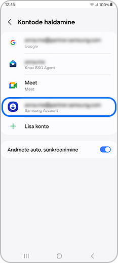 Samsungi konto on valitud Kontode haldamise alt