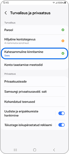 Kaheastmeline autentimine on valitud Samsungi konto turvalisuse ja privaatsuse sätetest