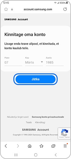 Sisestage Samsungi kontole sünnikuupäev ja jätkake