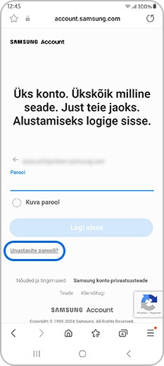 Parooli unustamise hüperlink Samsungi konto lehel