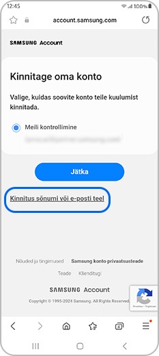 Samsungi konto kinnitamine taastamise telefoninumbri või e-posti teel