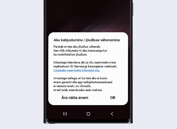 Teavitussõnum akukasutuse kohta