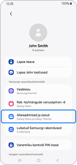 Vanemlikud kontrollid menüü, kus on esile tõstetud allalaadimised ja ostud.