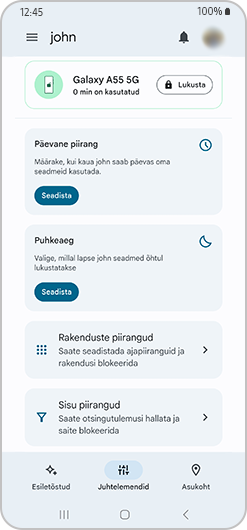 Pereliidu liides päevase limiidi, ooteaja, rakenduste limiidi ja sisu piirangutega.