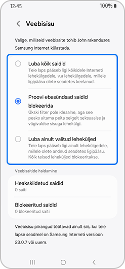 Veebisisu ekraan, kus on valitud proovida blokeerida sobimatuid saite.
