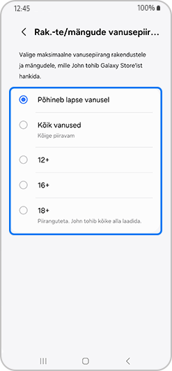 Rakenduste ja mängude vanusehindamiste ekraan, kus on valitud Kõik vanused.