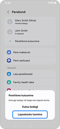 Kutsu pereliige hüpikteade, kus on esile tõstetud konto loomine.