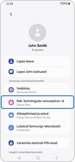 Vanemlikud kontrollid menüü, kus on esile tõstetud rakenduste ja mängude vanusehindamised.