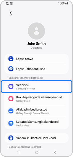 Vanemlikud kontrollid menüü, kus on esile tõstetud veebisisu.
