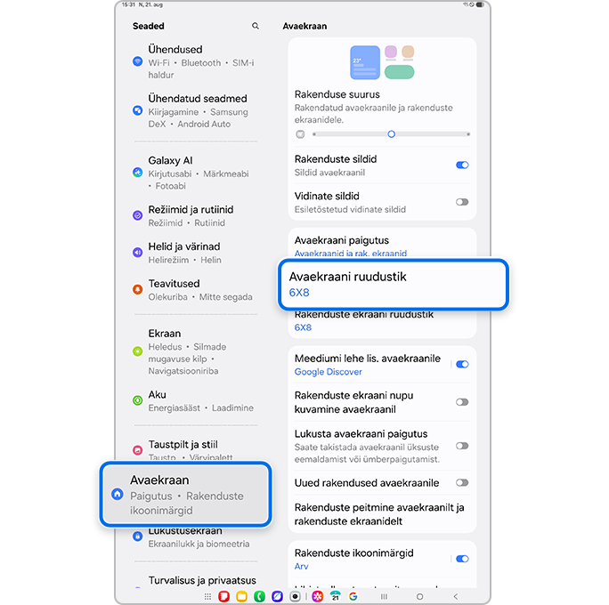 Menüü „Avaekraan“ valimine