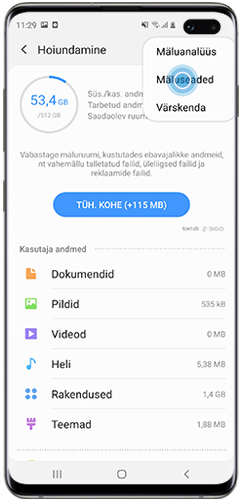Toksake Muu ja valige Mäluseaded