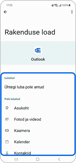 Lubatud ja mitte lubatud rakenduseõiguste vaade.