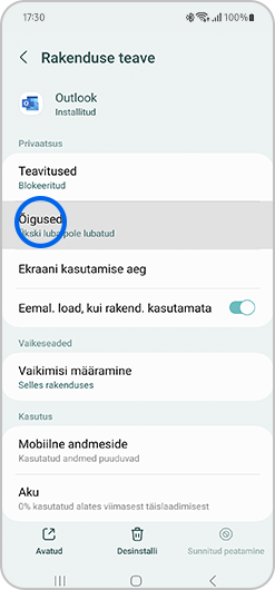 Lubatud ja mitte lubatud rakenduseõiguste vaade.