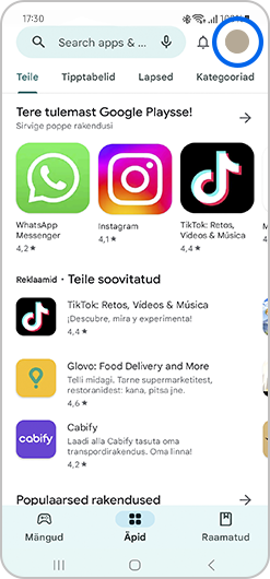 Ava Play poe ja puuduta siis üleval paremal profiili ikooni.