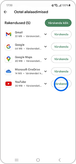 Rakenduste ükshaaval värskendamiseks puuduta nuppu Värskenda soovitud rakenduse kõrval.