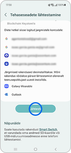Tehaseseadete lähtestamise kuva, kus on märgistatud nupp Lähtestamine.