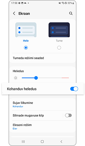 galaxy s22 kohanduva heleduse säte