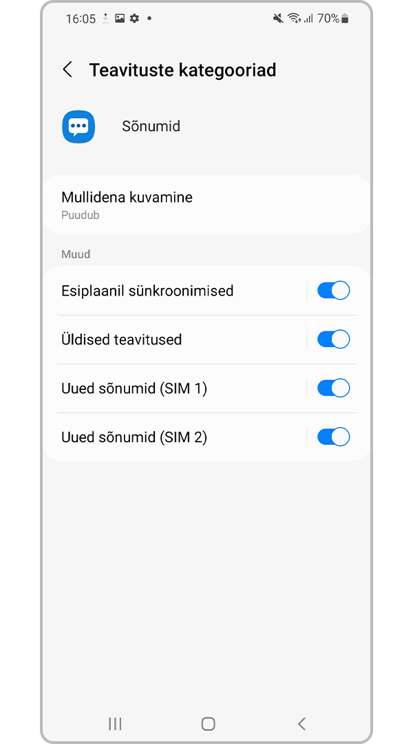 Valige soovitud Teavituste kategooriate seaded