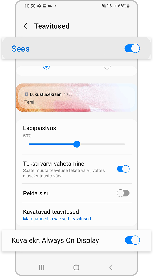 Lubage teavitused funktsiooni Always On Display seadetes