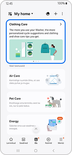 Rõivaste hoolduse kaart rakenduse SmartThings jaotises Elu