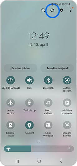 Kiirseadete kuva, kus on märgistatud toite väljalülitamise ikoon.