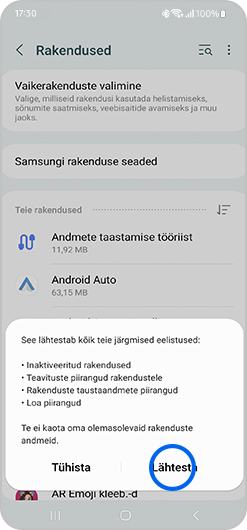 Hüpikaknas on märgistatud valik Lähtesta.