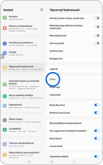 Täpsemate funktsioonide menüüs on valitud S Pen